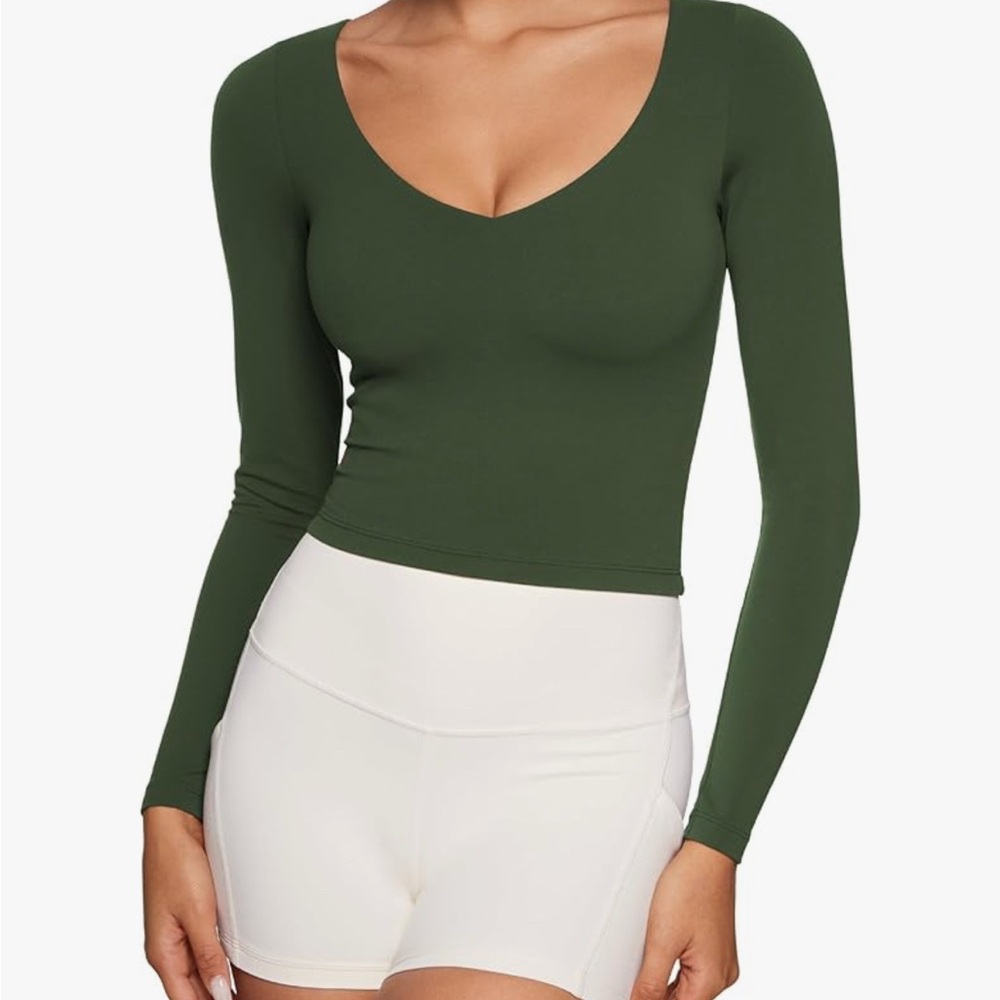 Womens V-Neck Long Sleeve Workout Crop Tops Slim Fit